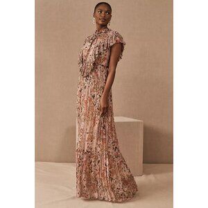 BHLDN Sheer Floral Ruffle Chiffon Maxi Dress